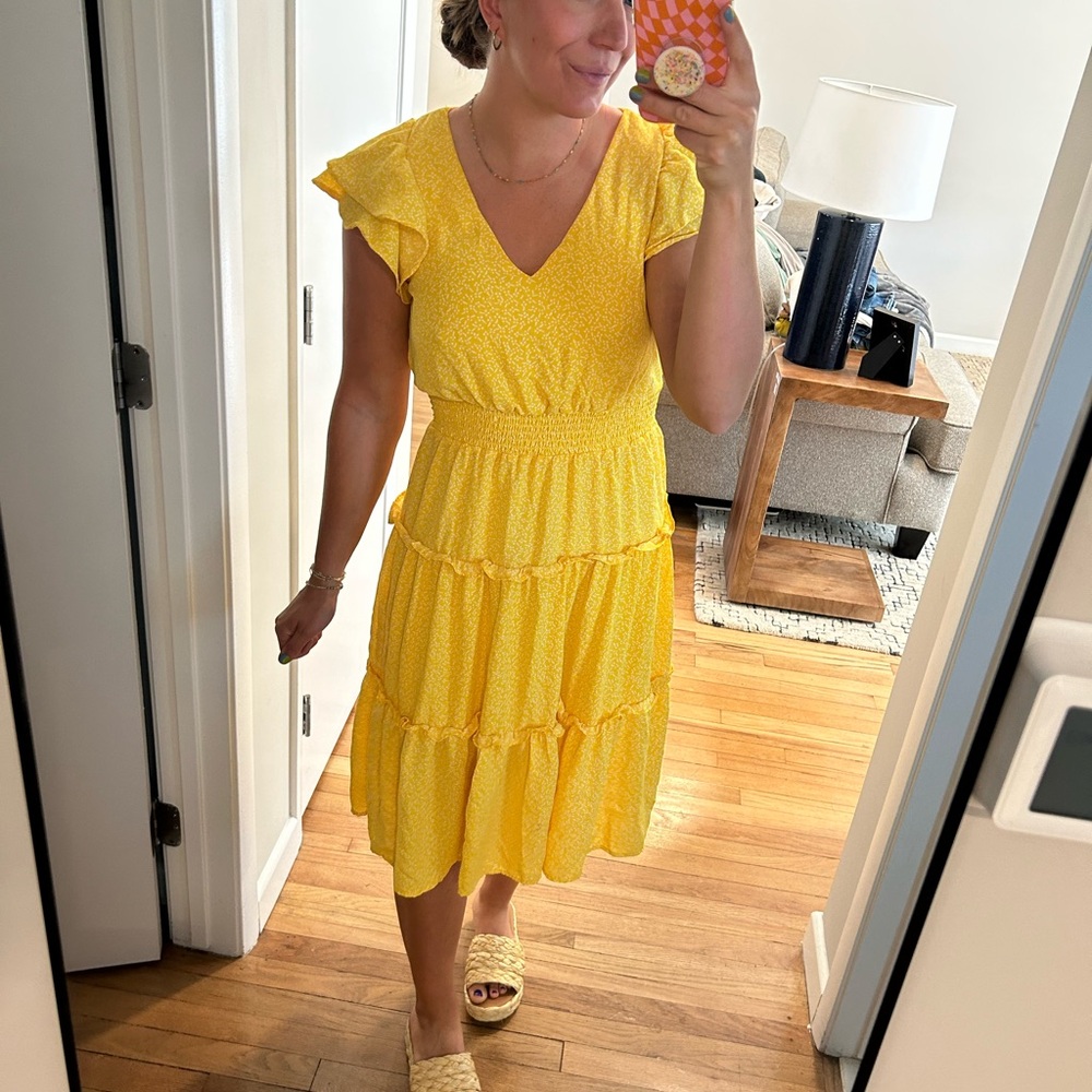 Marshalls Sunny Yellow Midi Dress with Ruffle Sleeves